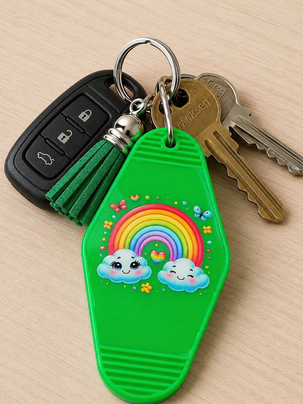 Motel Keychain Custom Retro Styled Green Rainbow Cloud Keychain With Tassel